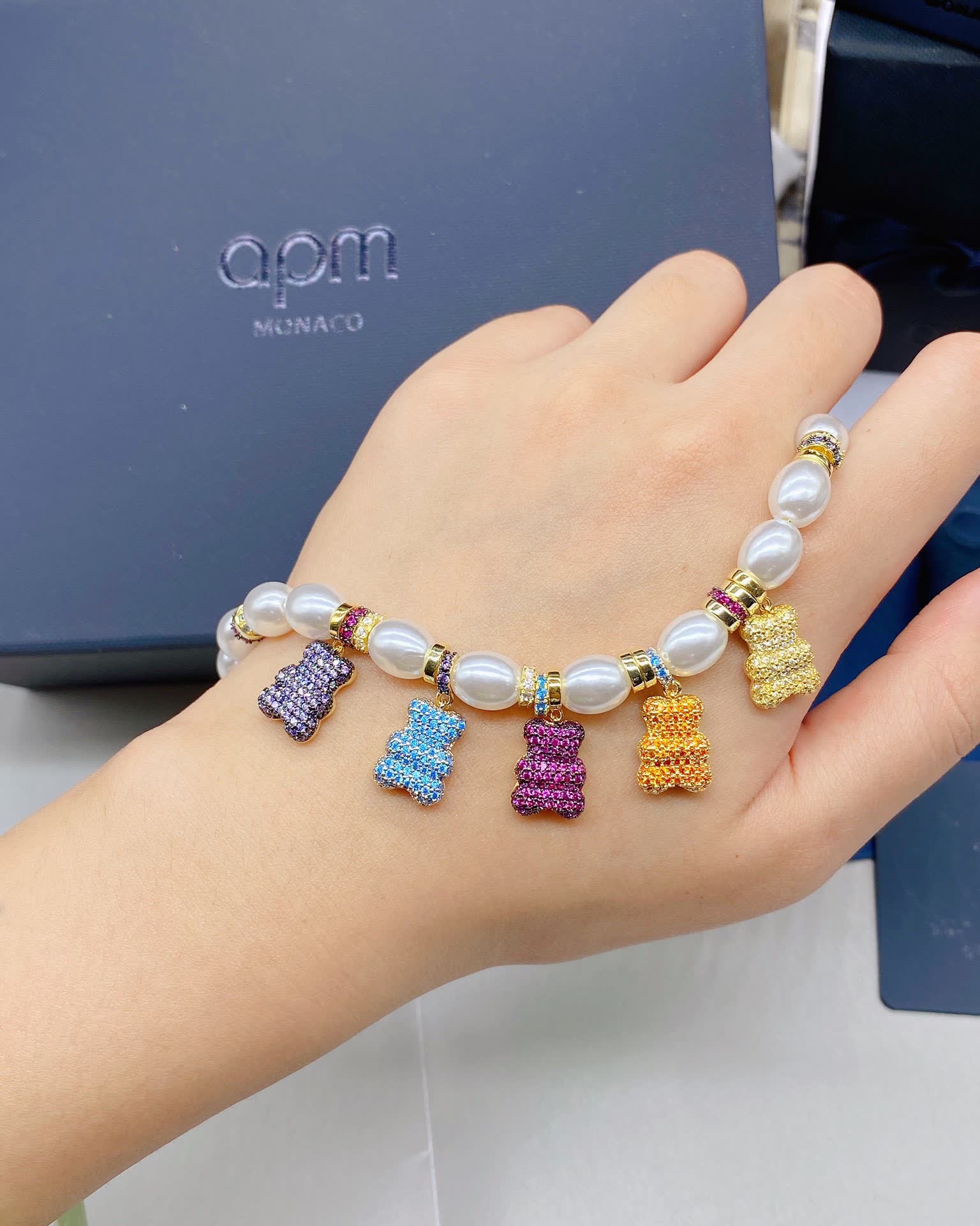 APM Monaco Pearl and Crystal Bear Charm Necklace